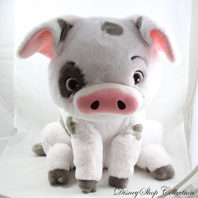 Grande peluche cochon Pua DISNEY STORE Vaiana gris blanc assis 45 cm