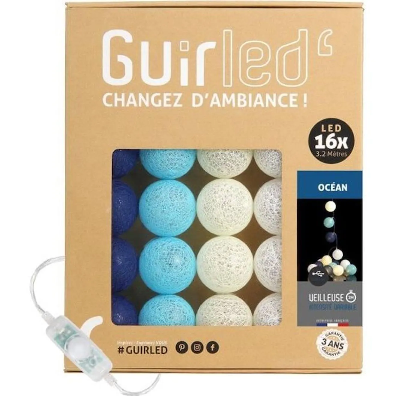 Guirlande lumineuse boules coton LED USB - Veilleuse bébé 2h - 3 intensités - 16 boules 1,6m - Océan bleu - Guirled