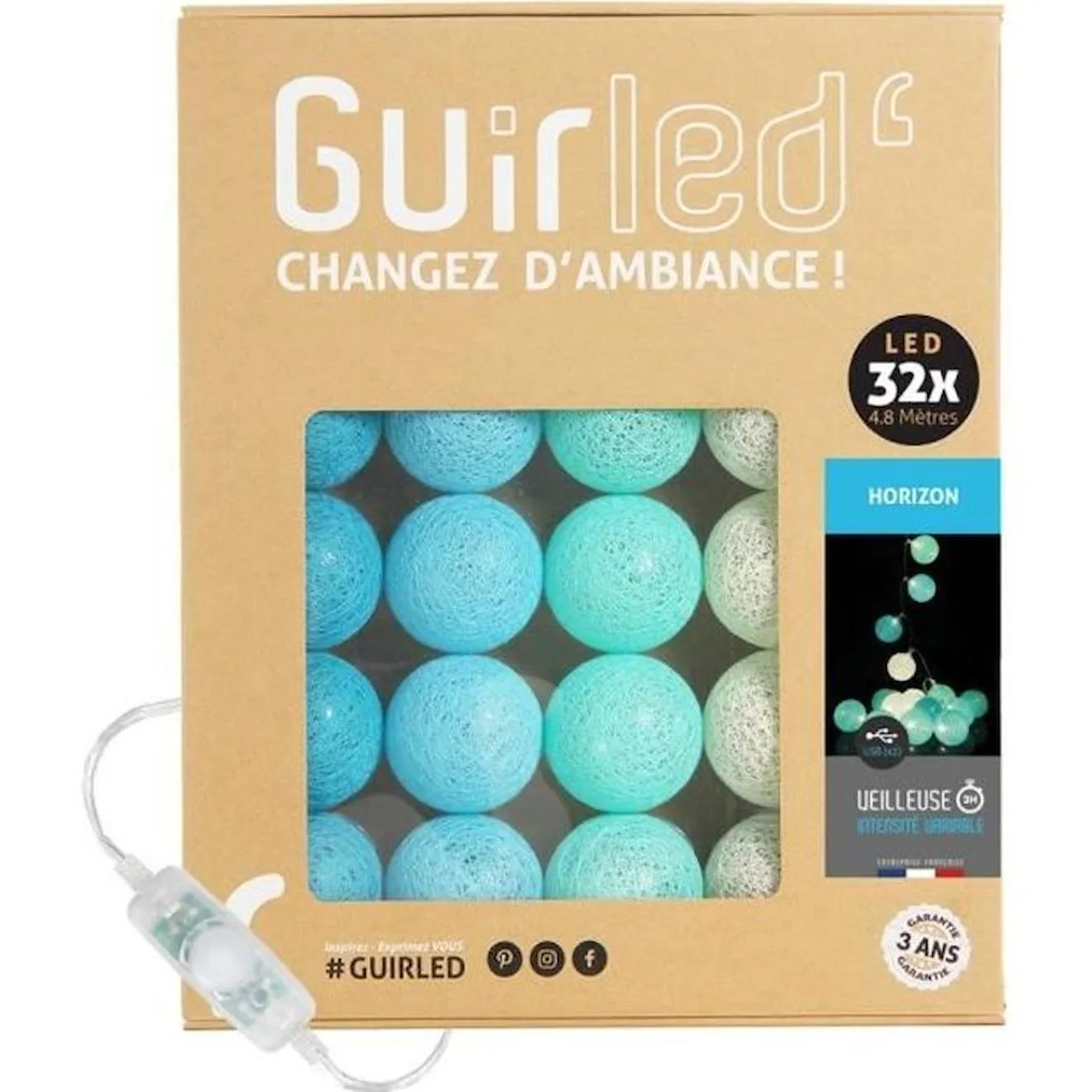 Guirlande lumineuse boules coton LED USB - Veilleuse bébé 2h - 3 intensités - 32 boules 3,2m - Horizon bleu - Guirled