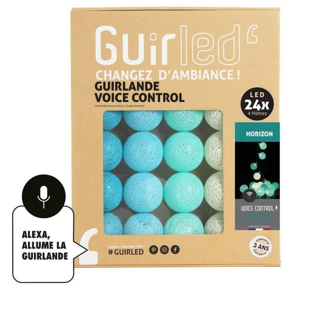 Guirlande lumineuse wifi boules coton LED USB - Commande Vocale - Maison connectée - Amazon Alexa & Google Assistant - 24 bo