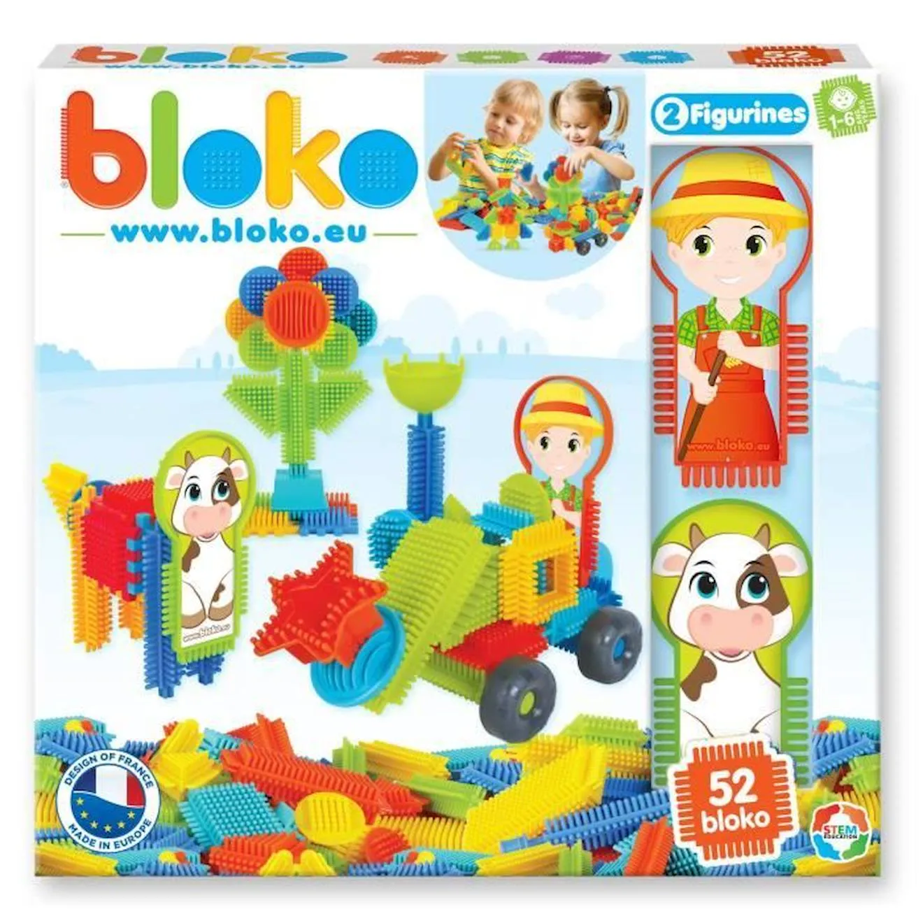 Jeu d'assemblage - BLOKO - Coffret de 50 BLOKO et 2 figurines Ferme - Dès 12 mois bleu - 