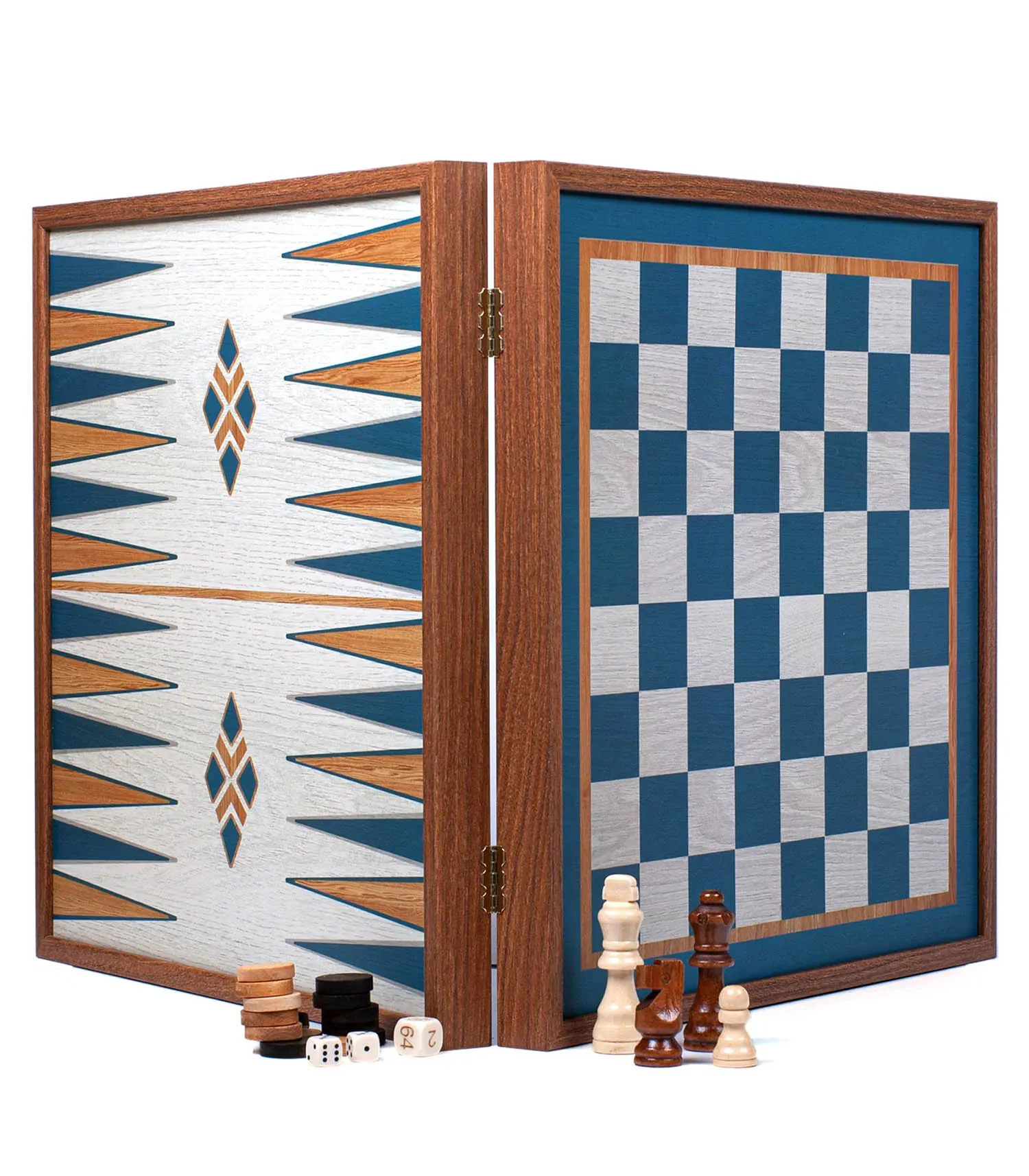 Jeu Echecs et Backgammon combiné turquoise en bois de noyer Manopoulos - Jane de Boy