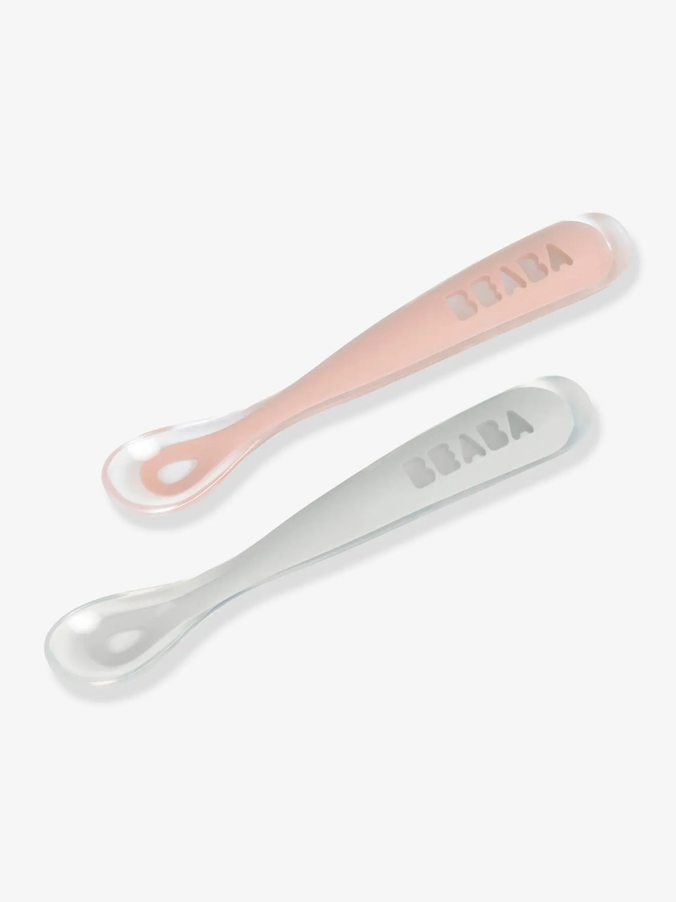 Lot de 2 cuillères ergonomiques d'apprentissage + boîte de transport BEABA rose/gris - Béaba