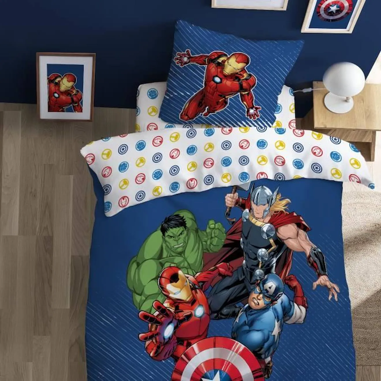 Parure de lit imprimée 100% coton, AVENGERS HOME TEAM 140x200+63x63cm bleu - Avengers