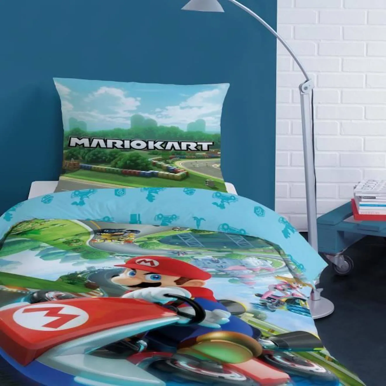 Parure de lit imprimée 100% coton, MARIO UP SIDE DOWN. Taille : 140x200 cm bleu - Omydream