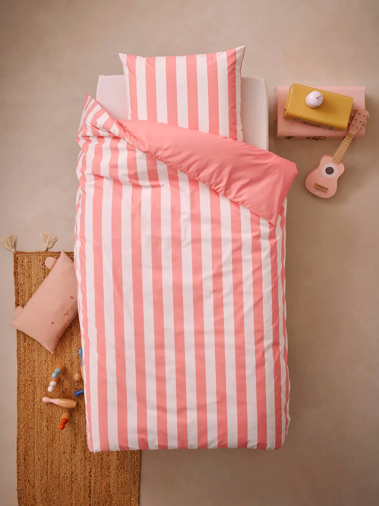 Parure housse de couette + taie d'oreiller essentiels enfant avec coton recyclé TRANSAT rayé rose - Vertbaudet