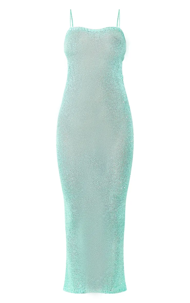 Petite Robe longue en maille tricot turquoise à bretelles et sequins