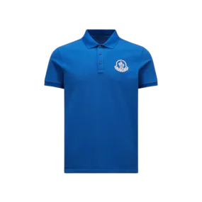 Polo coton piqué bleu broderie logo orange