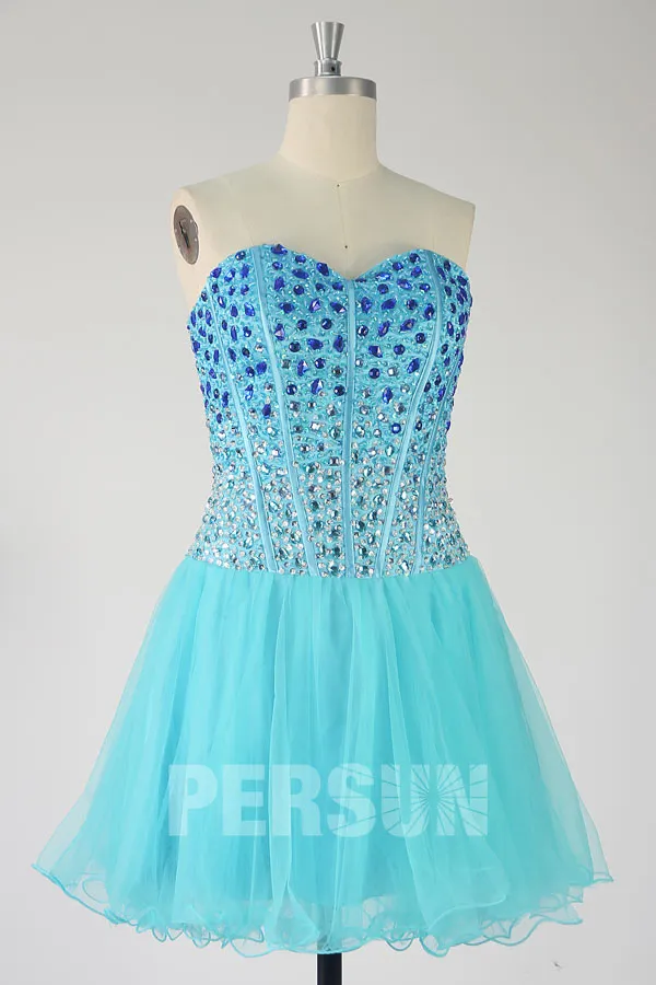 Robe de bal courte en tulle turquoise corsage scintillant