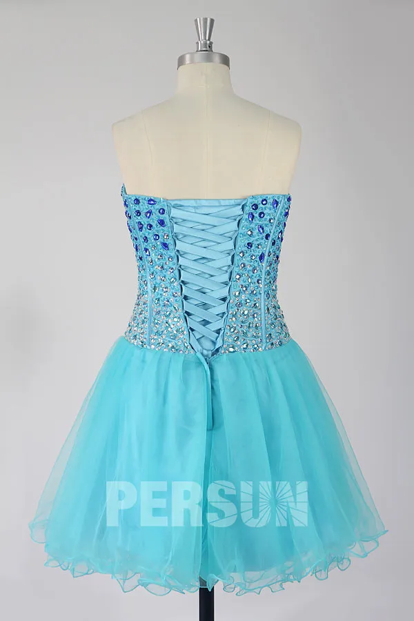 Robe de bal courte en tulle turquoise corsage scintillant