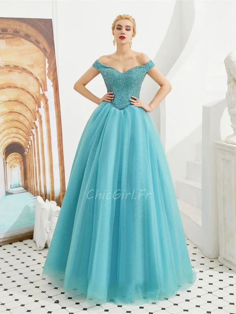 Robe De Bal Princesse Epaule Dénudée Longue Tulle Bleu Turquoise Perle