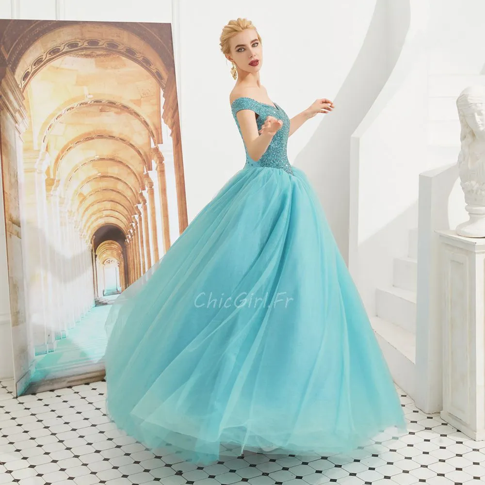 Robe De Bal Princesse Epaule Dénudée Longue Tulle Bleu Turquoise Perle