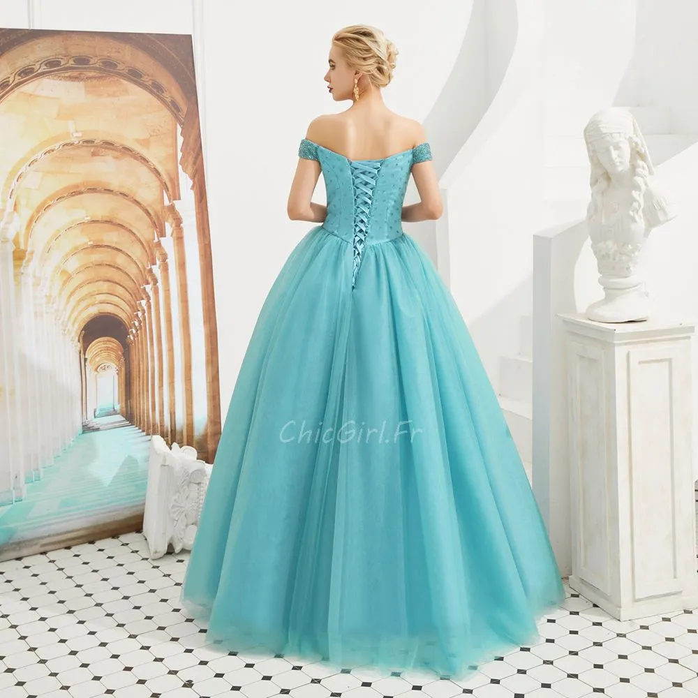 Robe De Bal Princesse Epaule Dénudée Longue Tulle Bleu Turquoise Perle