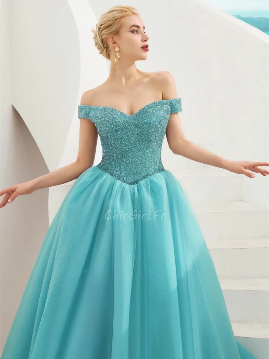 Robe De Bal Princesse Epaule Dénudée Longue Tulle Bleu Turquoise Perle