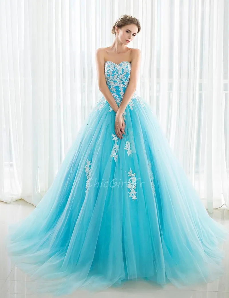 Robe De Bal Princesse Longue Bandeau Bleu Turquoise Tulle Avec Fleurs Dentelle 1