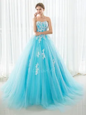 Robe De Bal Princesse Longue Bandeau Bleu Turquoise Tulle Avec Fleurs Dentelle 1