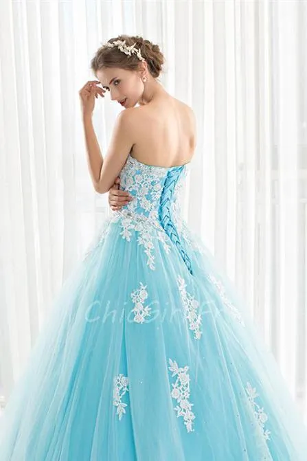 Robe De Bal Princesse Longue Bandeau Bleu Turquoise Tulle Avec Fleurs Dentelle 1