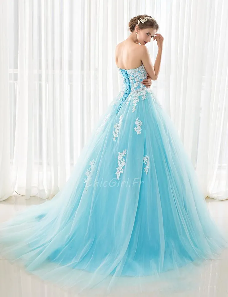 Robe De Bal Princesse Longue Bandeau Bleu Turquoise Tulle Avec Fleurs Dentelle 1