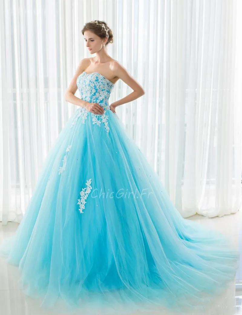 Robe De Bal Princesse Longue Bandeau Bleu Turquoise Tulle Avec Fleurs Dentelle 1