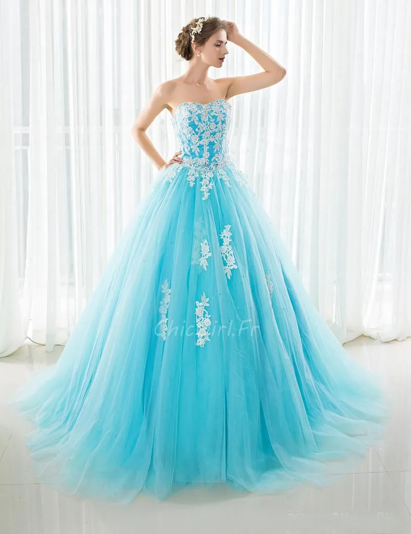 Robe De Bal Princesse Longue Bandeau Bleu Turquoise Tulle Avec Fleurs Dentelle 1