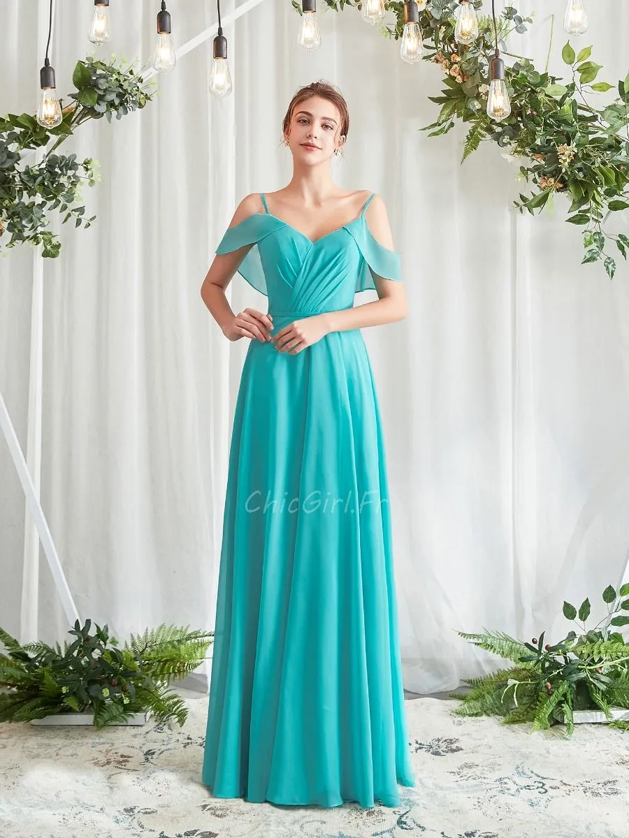 Robe Demoiselle D'honneur Boheme Epaule Ouverte Turquoise Mousseline Fluide