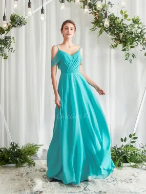 Robe Demoiselle D'honneur Boheme Epaule Ouverte Turquoise Mousseline Fluide