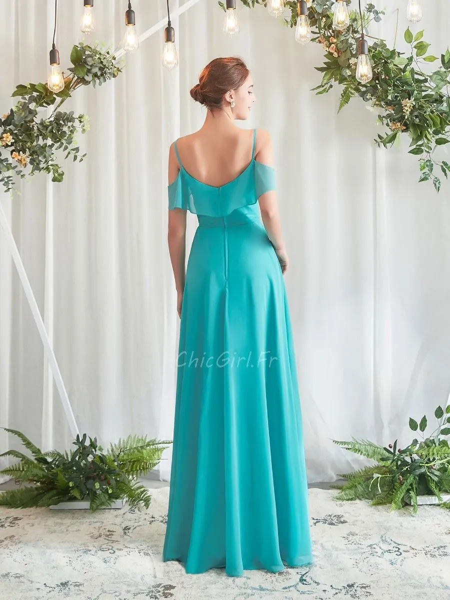 Robe Demoiselle D'honneur Boheme Epaule Ouverte Turquoise Mousseline Fluide