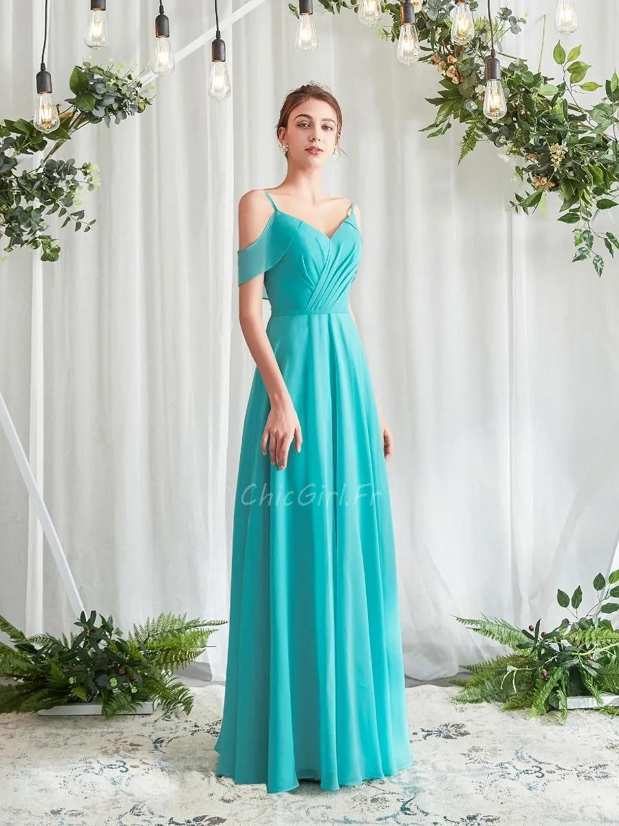 Robe Demoiselle D'honneur Boheme Epaule Ouverte Turquoise Mousseline Fluide