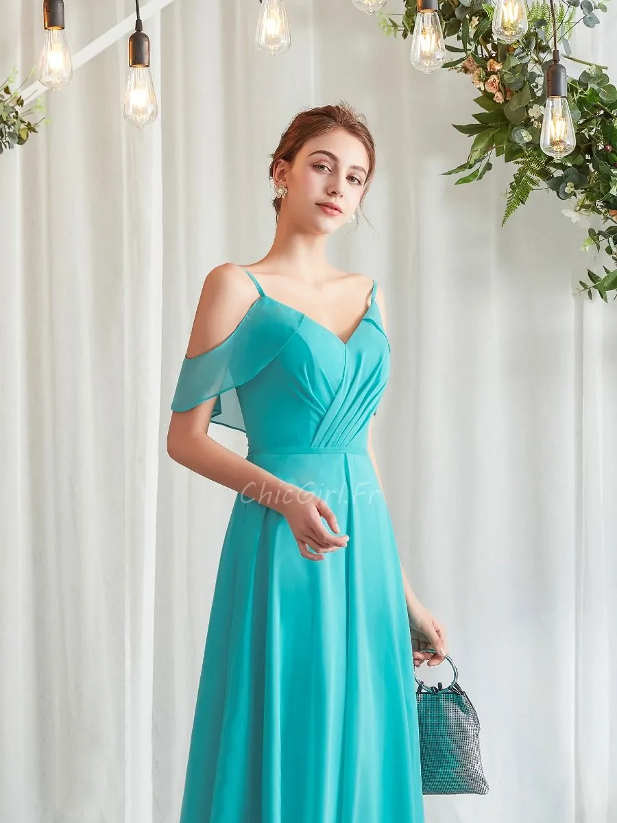 Robe Demoiselle D'honneur Boheme Epaule Ouverte Turquoise Mousseline Fluide