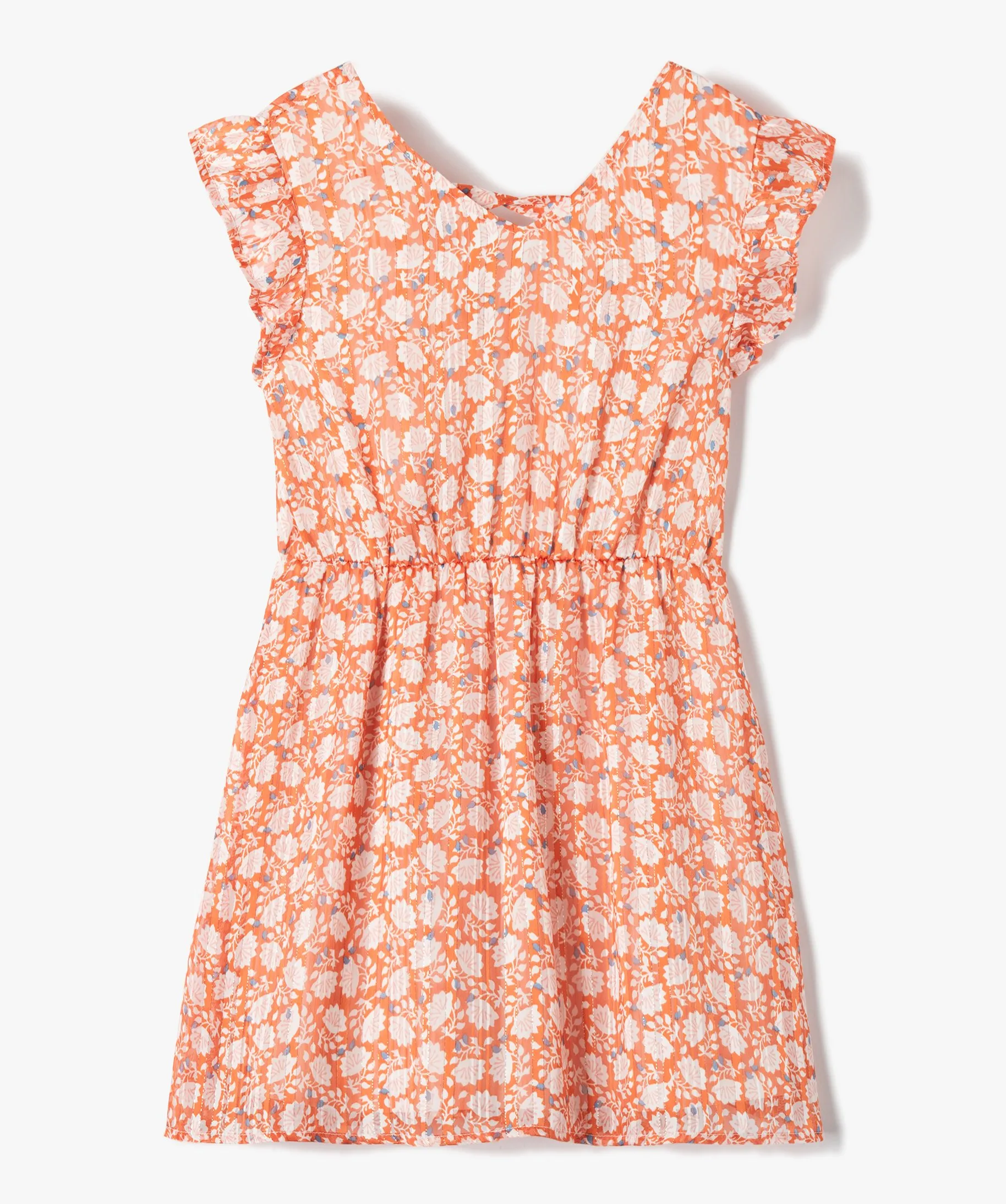 Robe fille sans manches à motifs fleuris et rayures pailletées orange