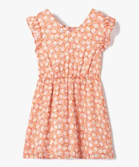 Robe fille sans manches à motifs fleuris et rayures pailletées orange