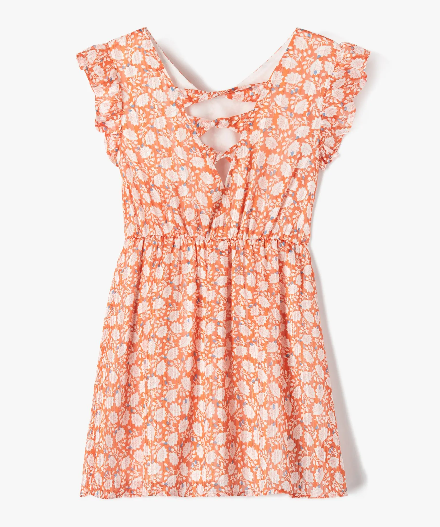 Robe fille sans manches à motifs fleuris et rayures pailletées orange