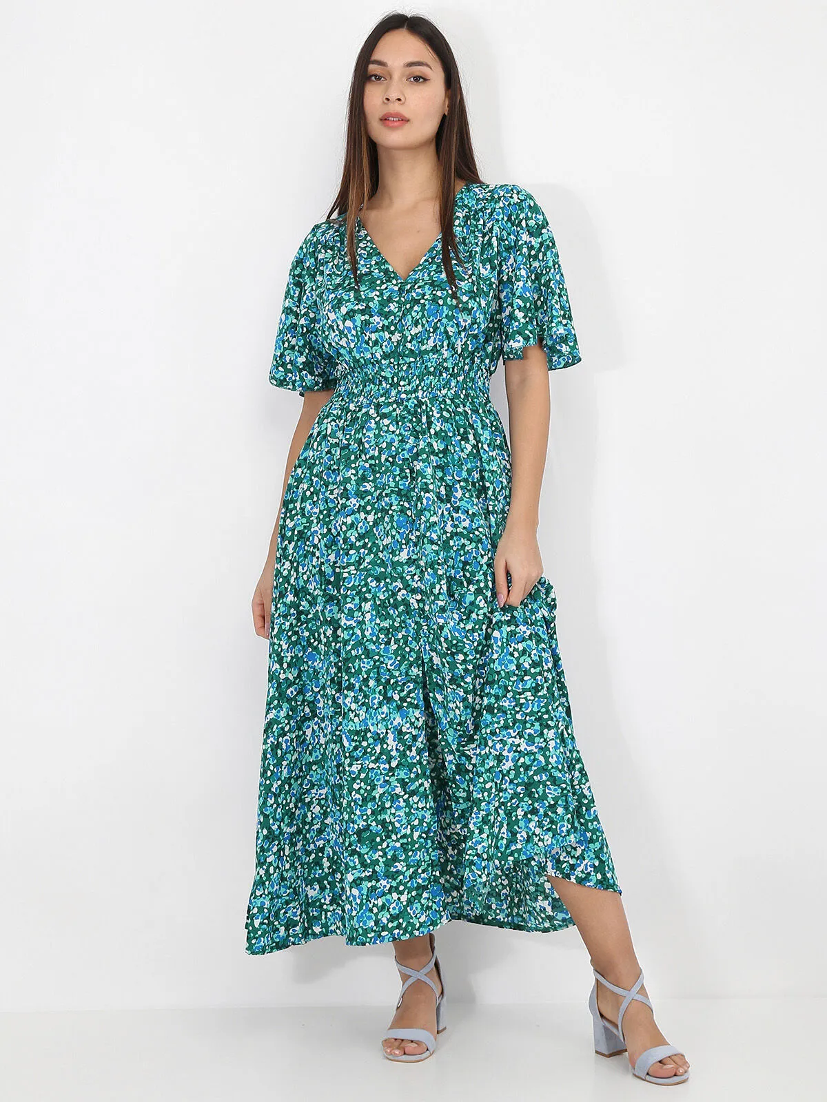 Robe longue à motif tacheté- Vert