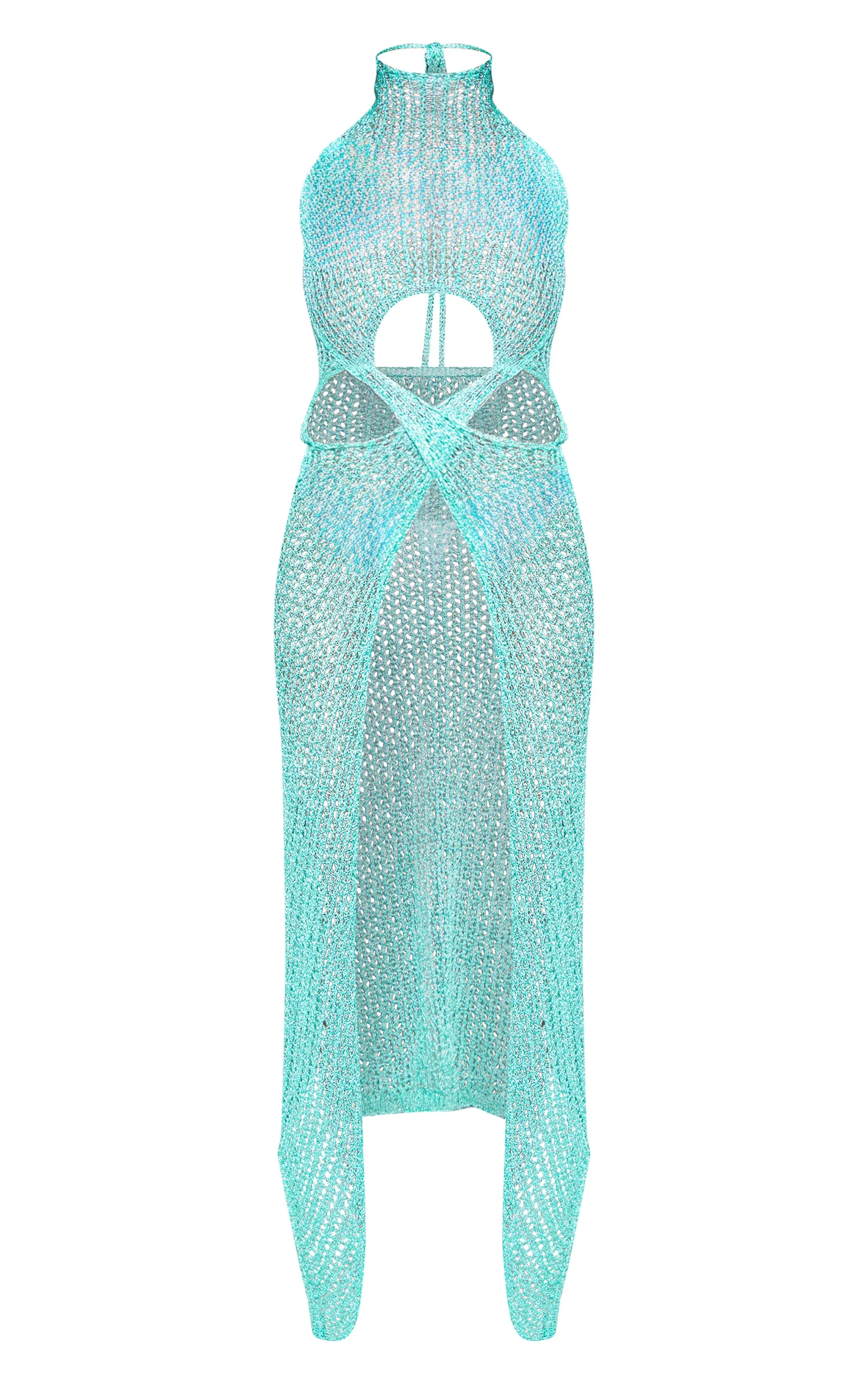 Robe longue en maille tricot bleu turquoise à sequins et découpes