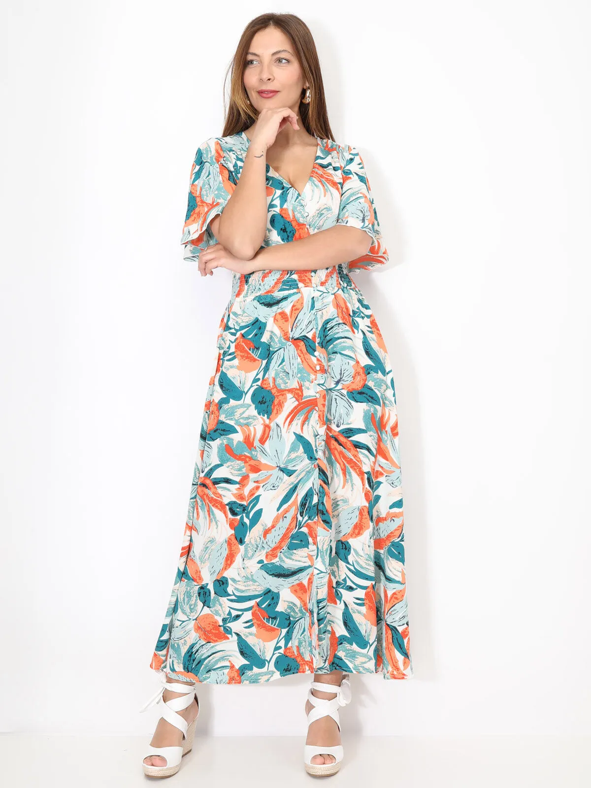 Robe longue et smockée à motif tropical- Écru