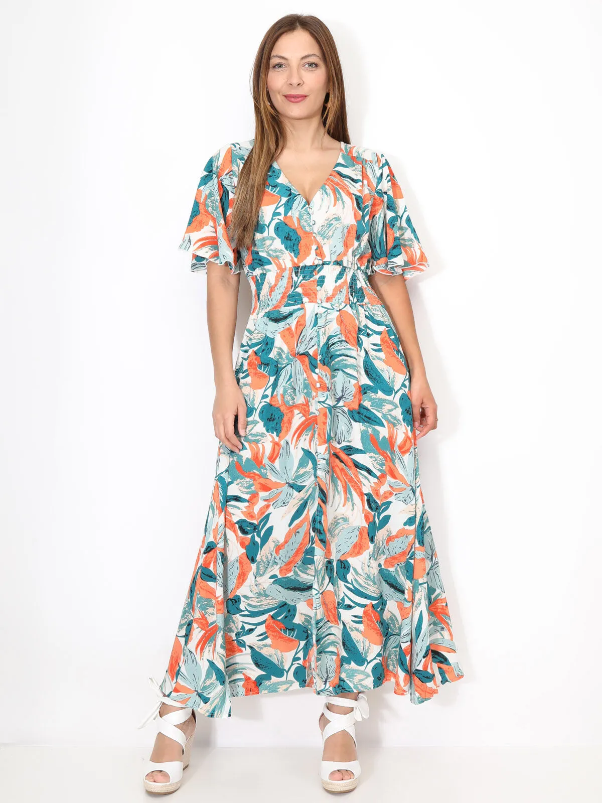 Robe longue et smockée à motif tropical- Écru