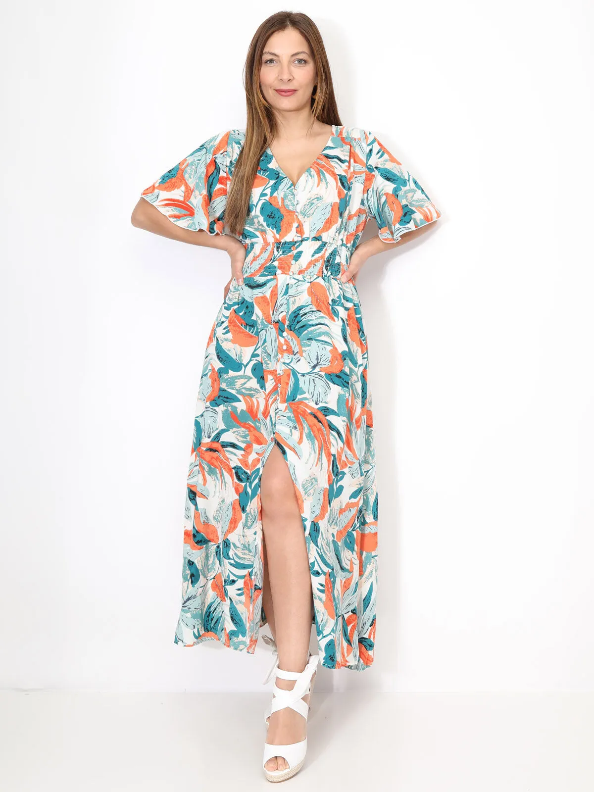 Robe longue et smockée à motif tropical- Écru