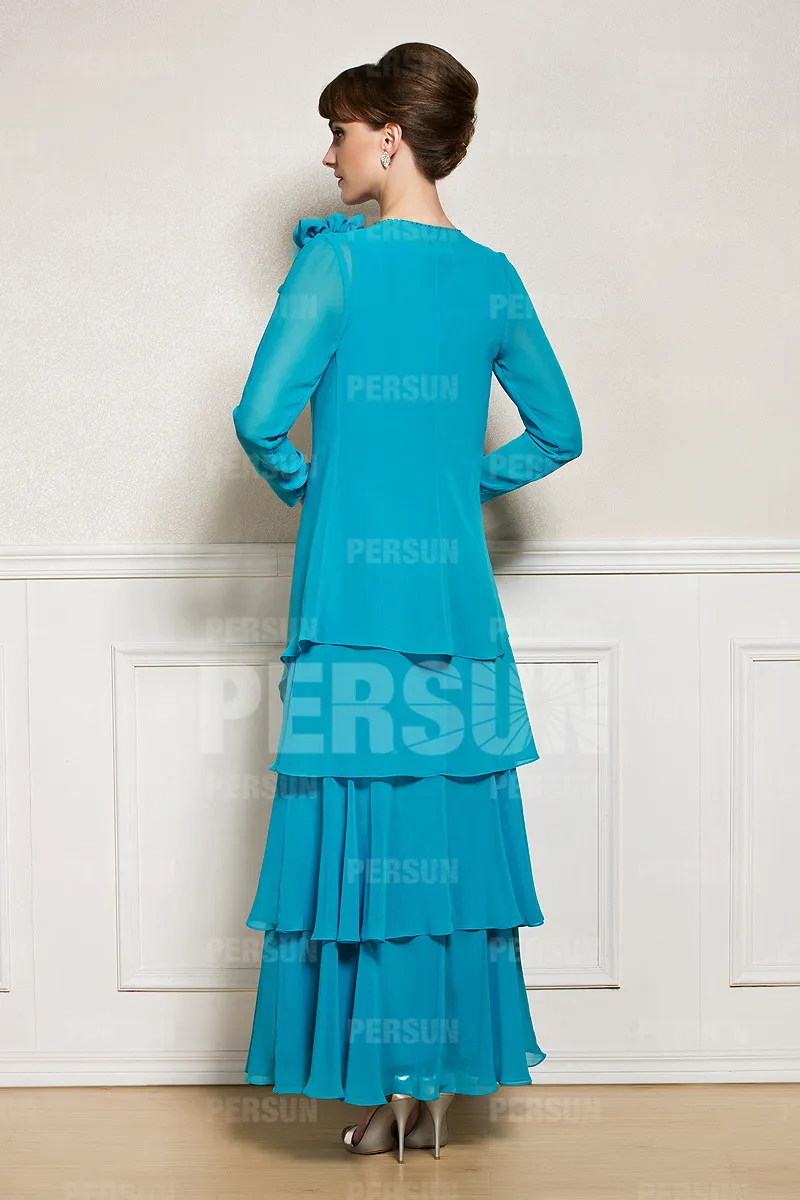 Robe mère de la mariée bleu turquoise longue à volants avec boléro