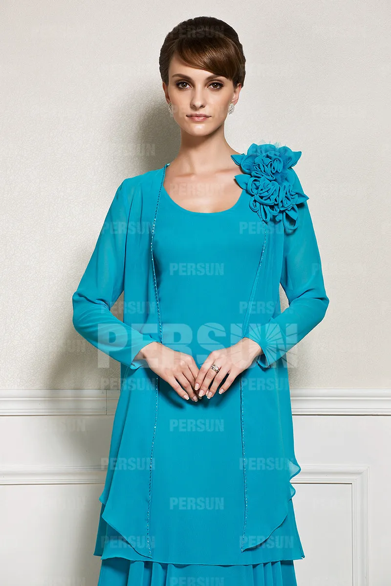 Robe mère de la mariée bleu turquoise longue à volants avec boléro