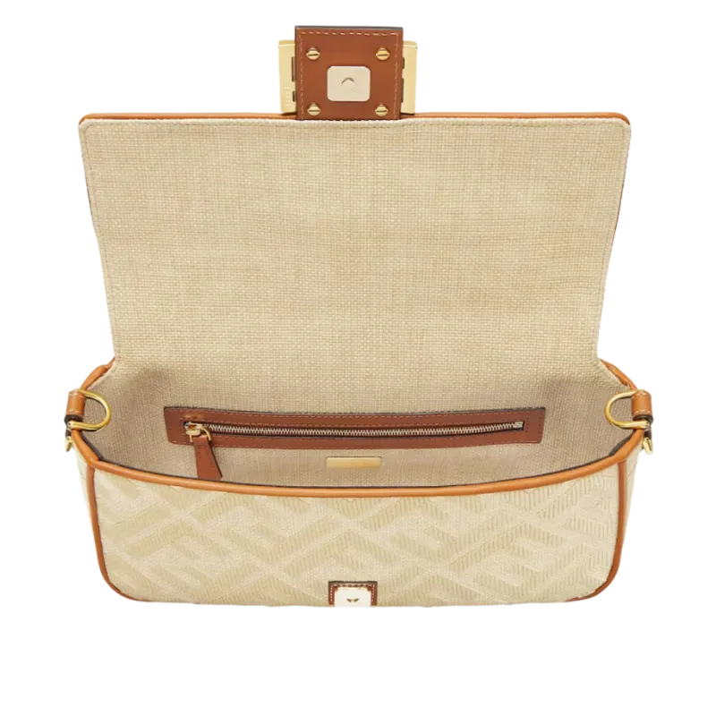 Sac Baguette paille beige bord cuir marron gold broderie FF