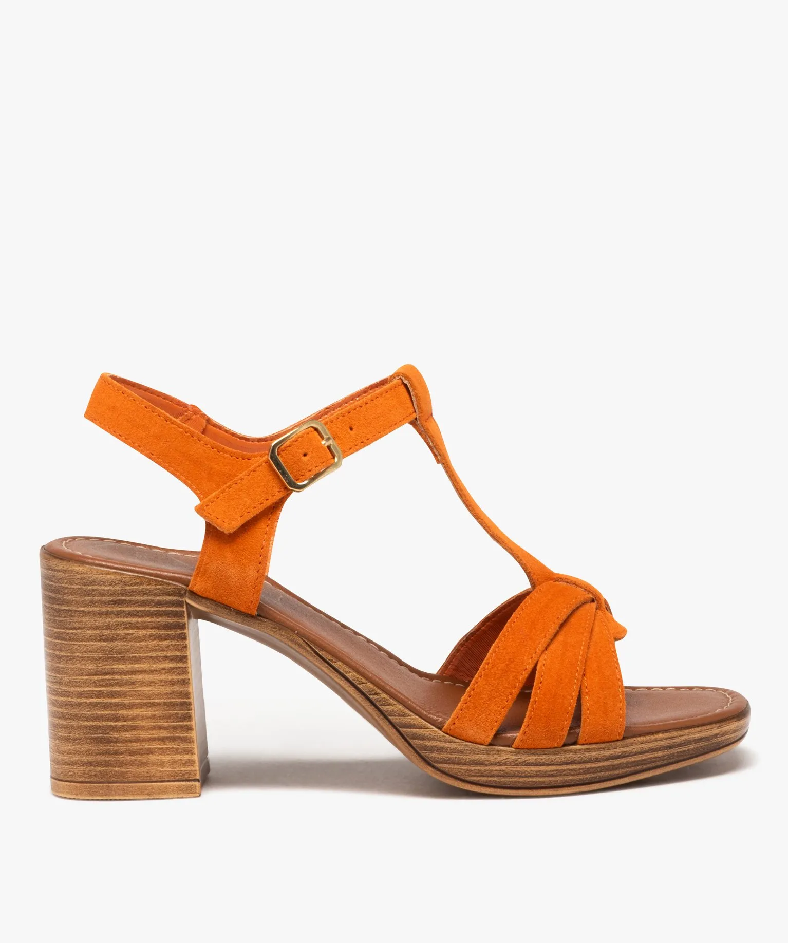 Sandales femme à talon flare avec brides unies en cuir suédé - Taneo orange