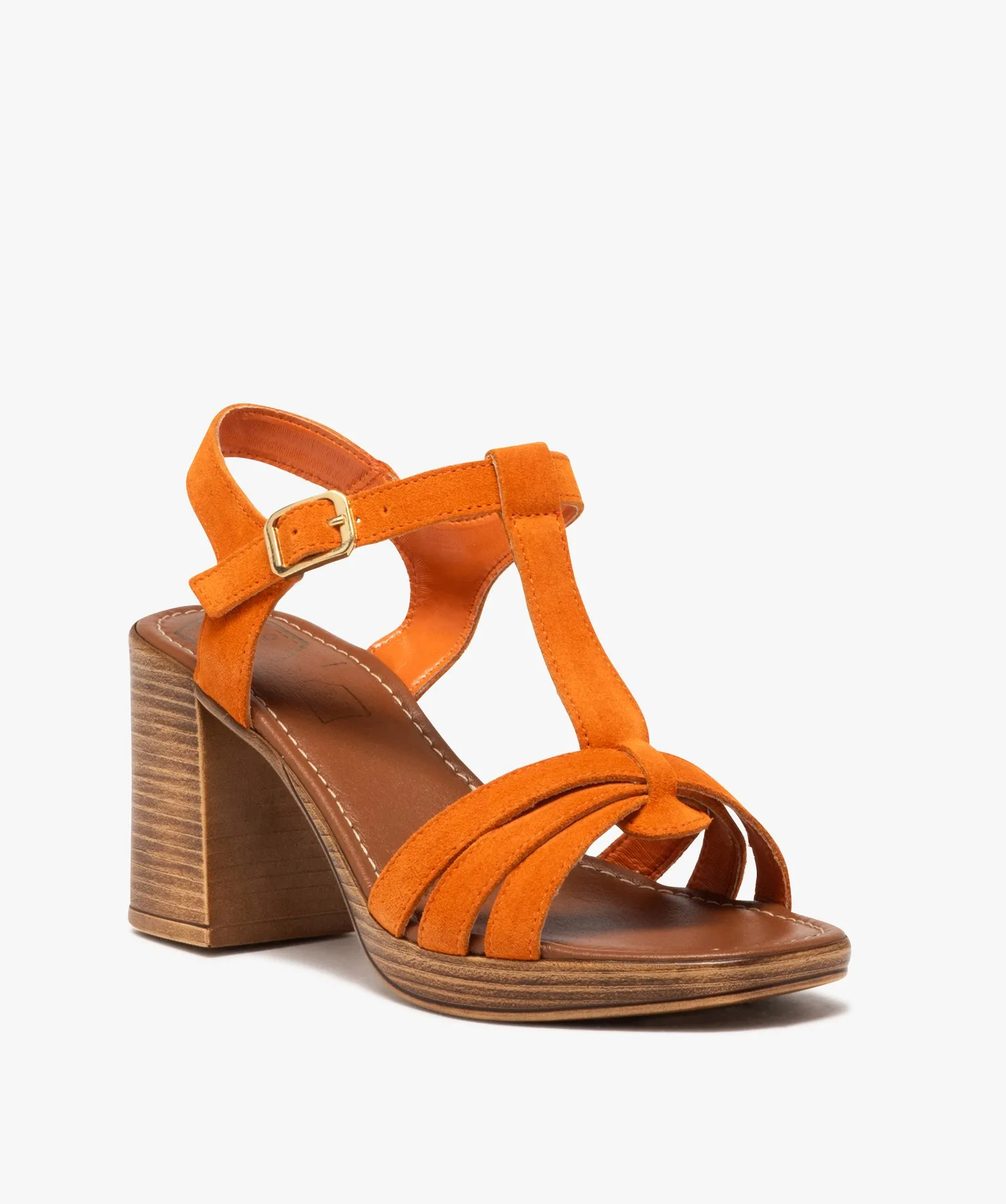 Sandales femme à talon flare avec brides unies en cuir suédé - Taneo orange