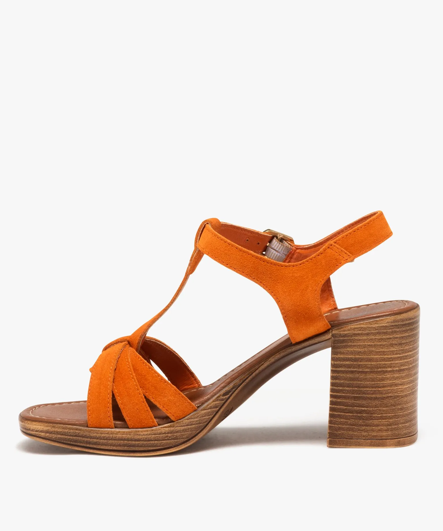 Sandales femme à talon flare avec brides unies en cuir suédé - Taneo orange