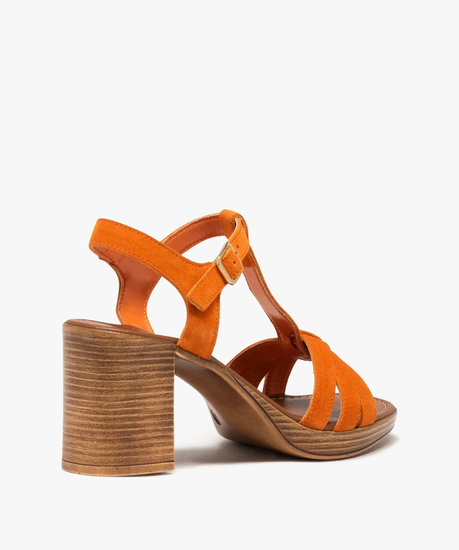 Sandales femme à talon flare avec brides unies en cuir suédé - Taneo orange