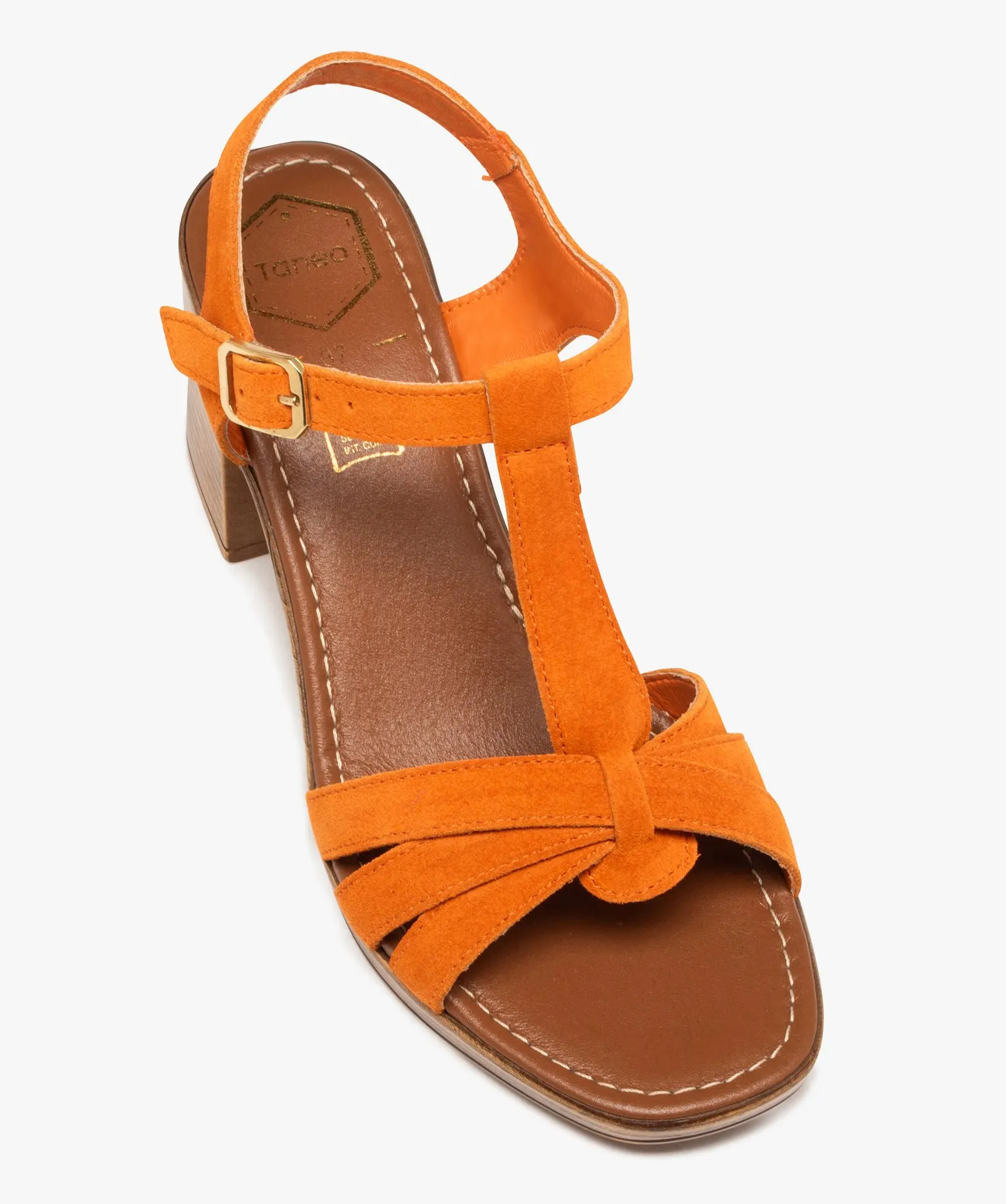 Sandales femme à talon flare avec brides unies en cuir suédé - Taneo orange