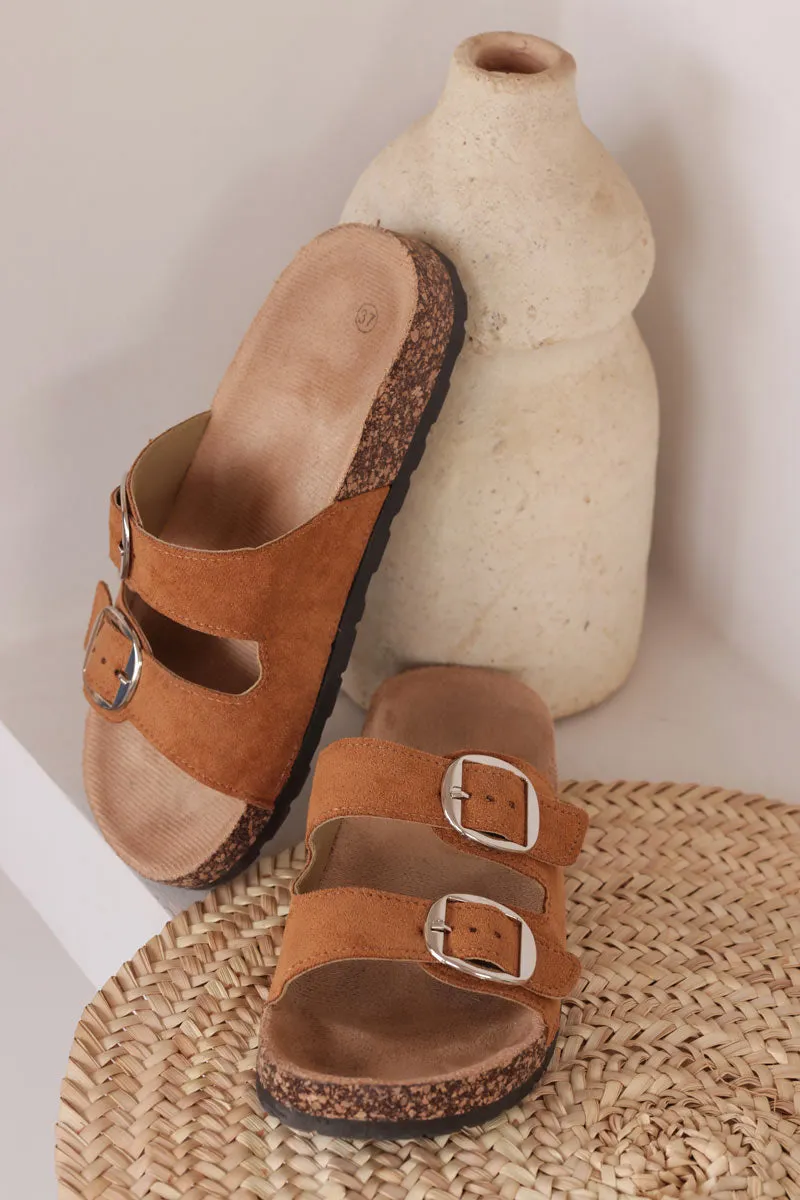 Sandales forme du pied en suédine camel double boucles arrondies