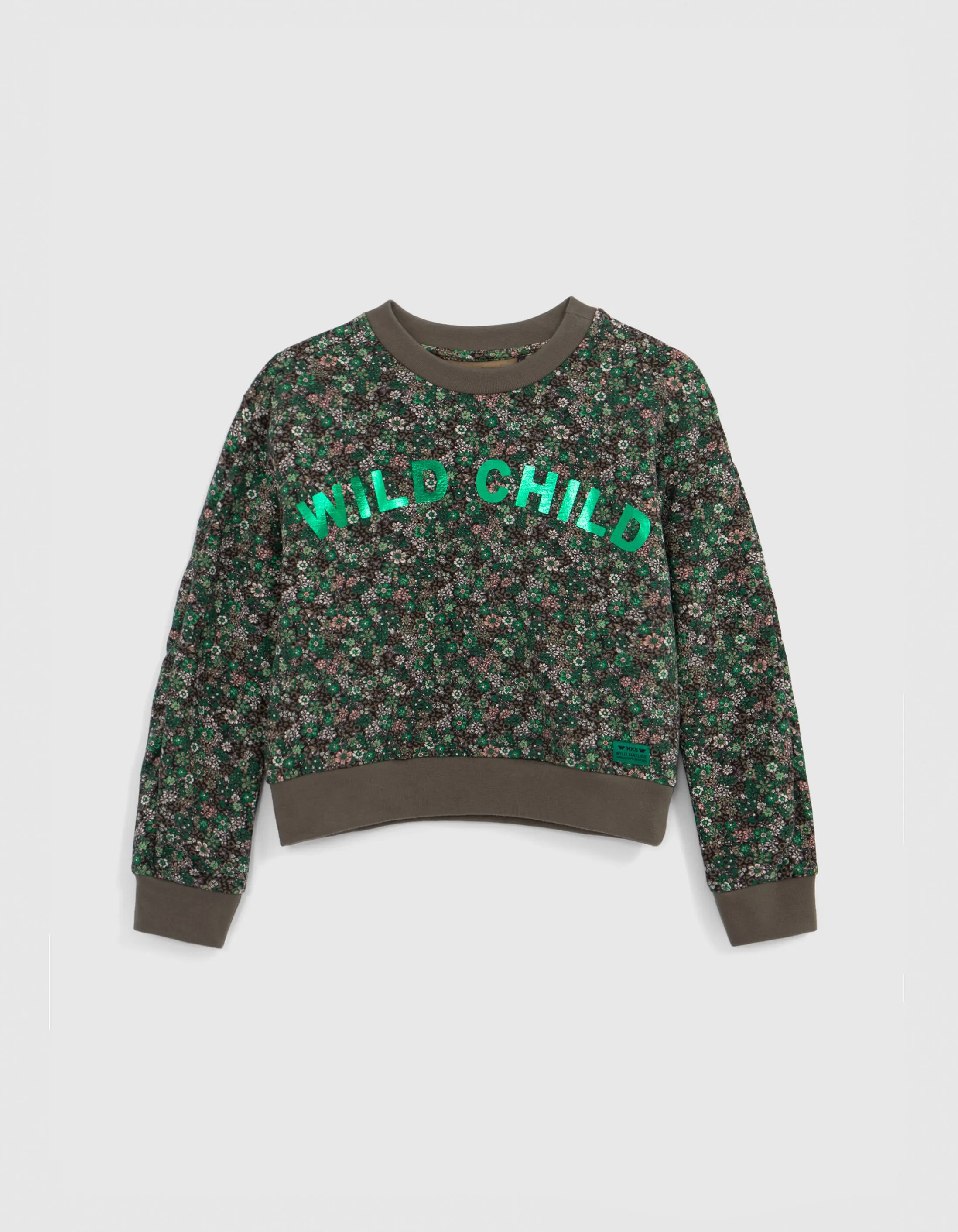 Sweat vert imprimé léo-floral message métallisé fille