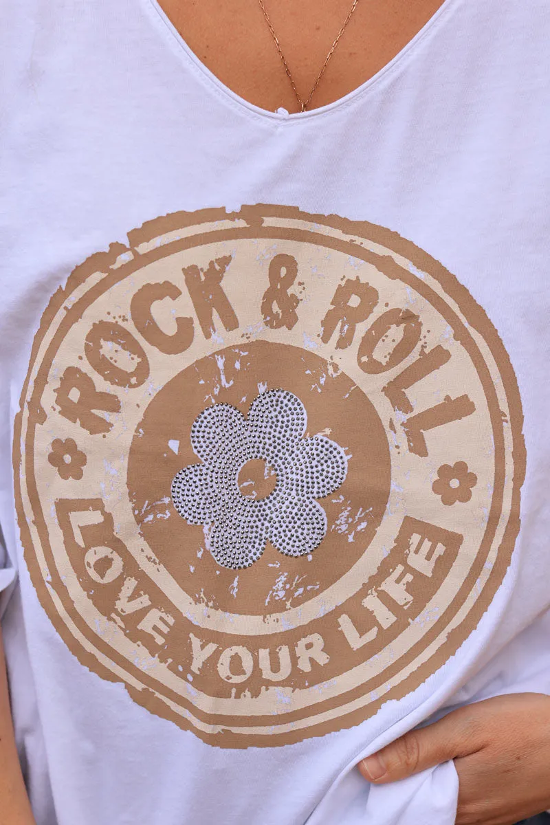 T-shirt blanc en coton manches longues logo rock camel et fleur strass