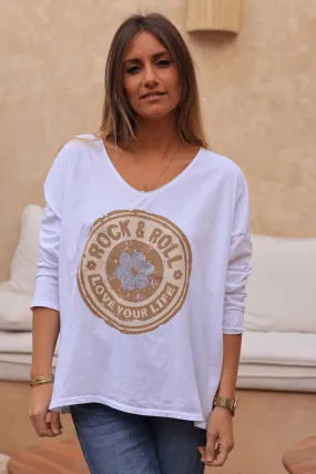 T-shirt blanc en coton manches longues logo rock camel et fleur strass