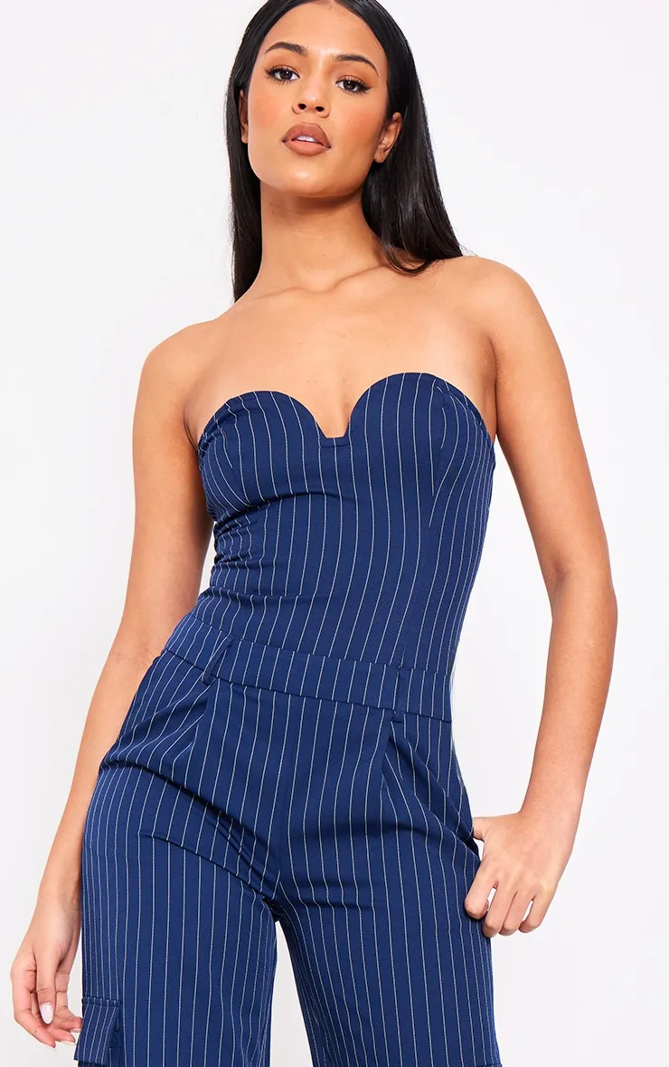 Tall Combinaison bustier large bleu marine finement rayée